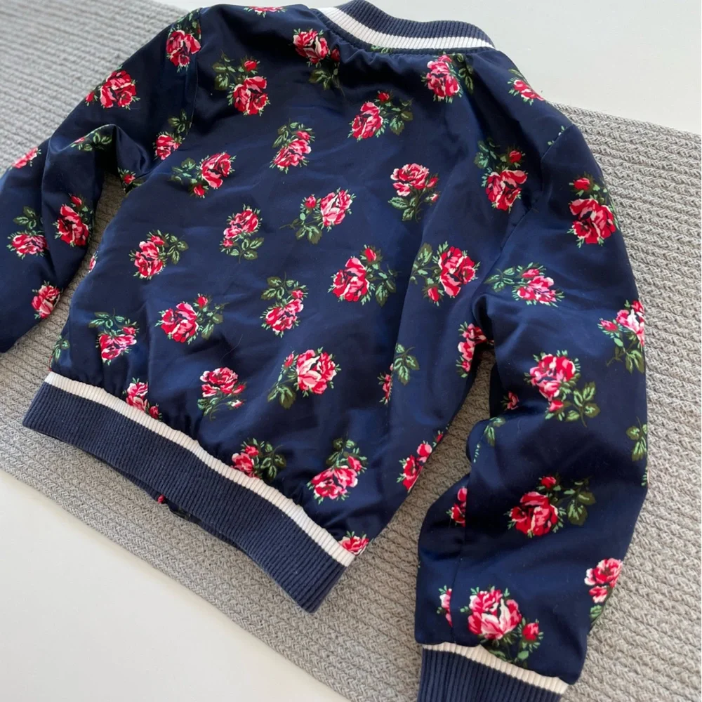 GAP Kids Navy Blue Rose Floral Silky Bomber Jacket Size XS (4-5)